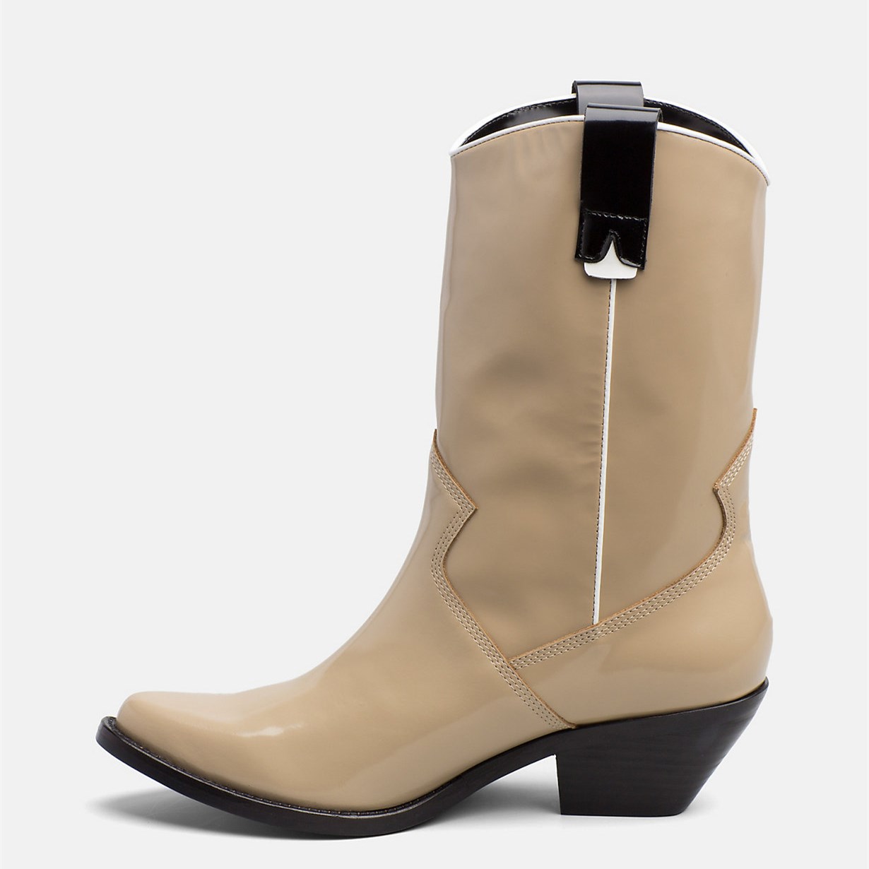 Nude Patent Leather Chunky Heel Mid-Calf Western Boots for Women
