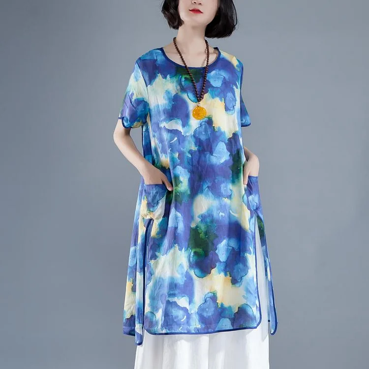 brief linen sundress trendy plus size Short Sleeve slit Summer Casual Printed Dress