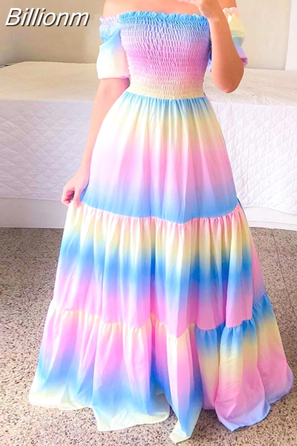 Billionm Off The Shoulder Tube Top Dress Butterfly Rainbow Floral Print Dress Ladies Elegant Slim Summer Bohemian Party Maxi Dresses