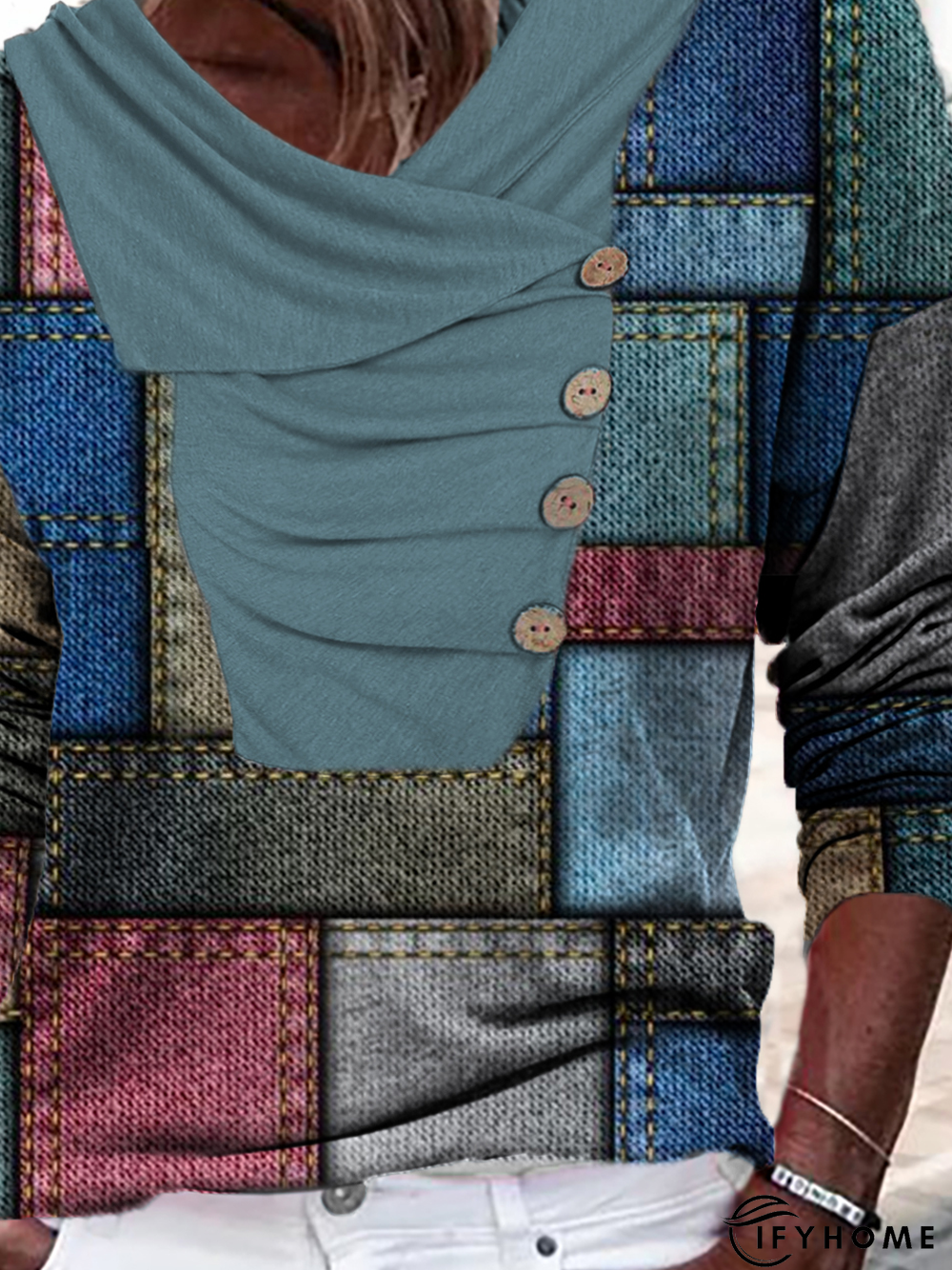 Casual Colorblock Loose Buttoned Long sleeve Top | IFYHOME