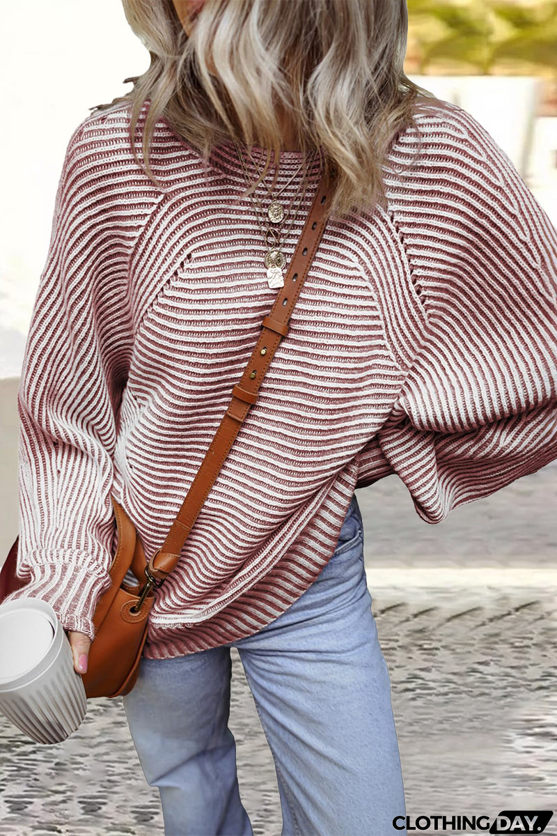 Casual Daily Stripe Texture Contrast O Neck Sweaters(6 Colors)