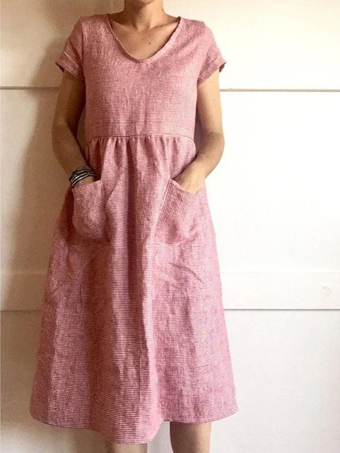 Women's Casual V-Neck Short Sleeve Striped Print Pocket Dress 