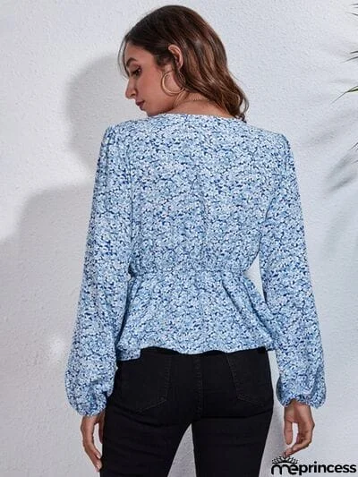 Floral V-Neck Balloon Sleeve Peplum Blouse