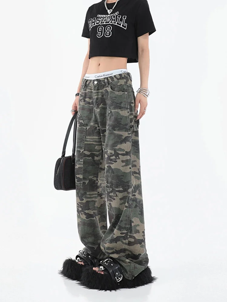 Nncharge Women Fashion Camouflage Jeans Loose High Waist Cargo Pants Straight Jeans Baggy Pants Casual Denim Trousers Feamle Y2k