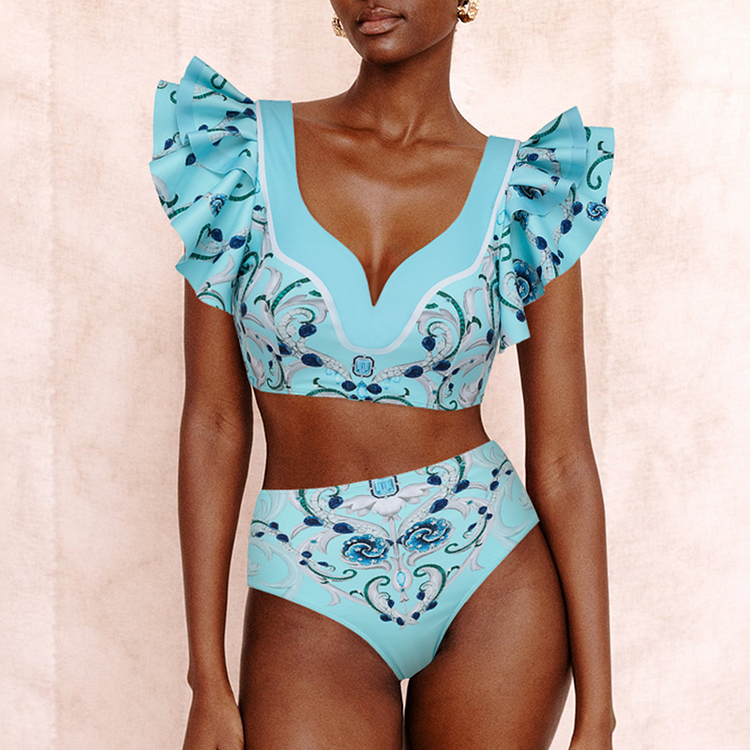 Ruffle Blue Jewelry Series Pattern Print Bikini Swimsuit and Skirt or Sarong