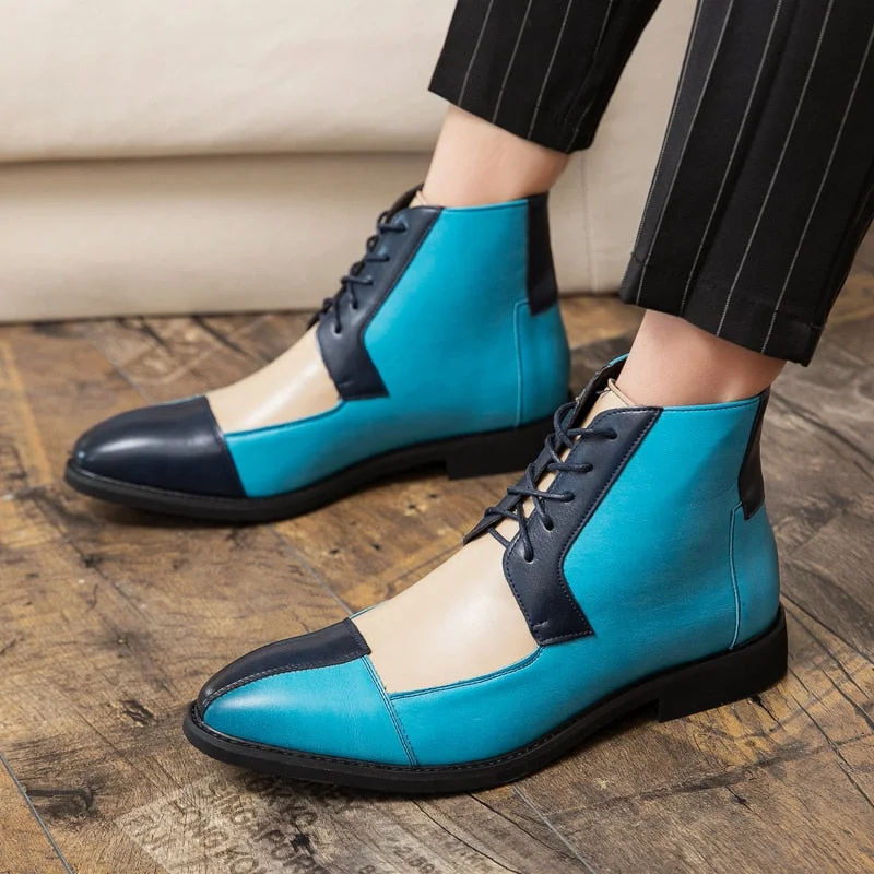 NEWEST Leather Boots Men Ankle Boots Splicing Business Shoes Fashion Microfiber Leather Shoes Big Size 38-48