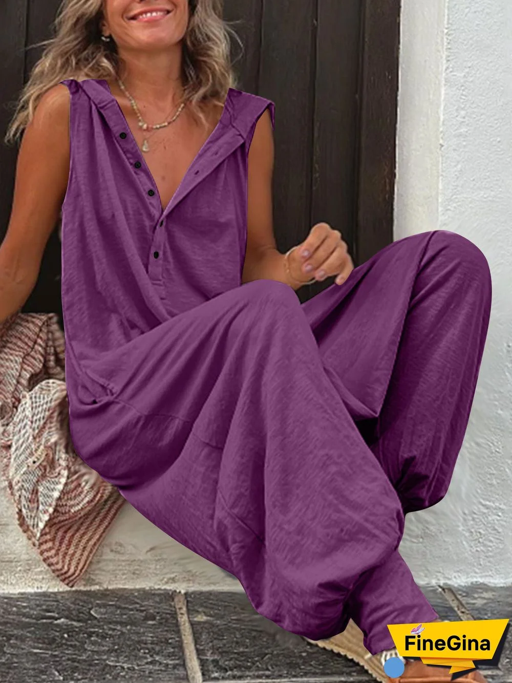 Women's Simple Loose Sleeveless V-neck Jumpsuits