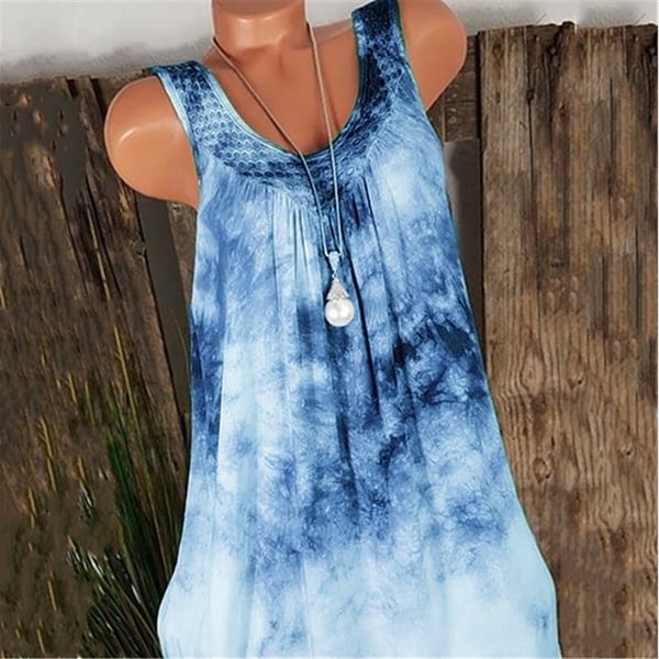 Summer Ladies Loose Dress U-neck Sleeveless Gradient Color Print Plus Size Beach Sundress - BlackFridayBuys