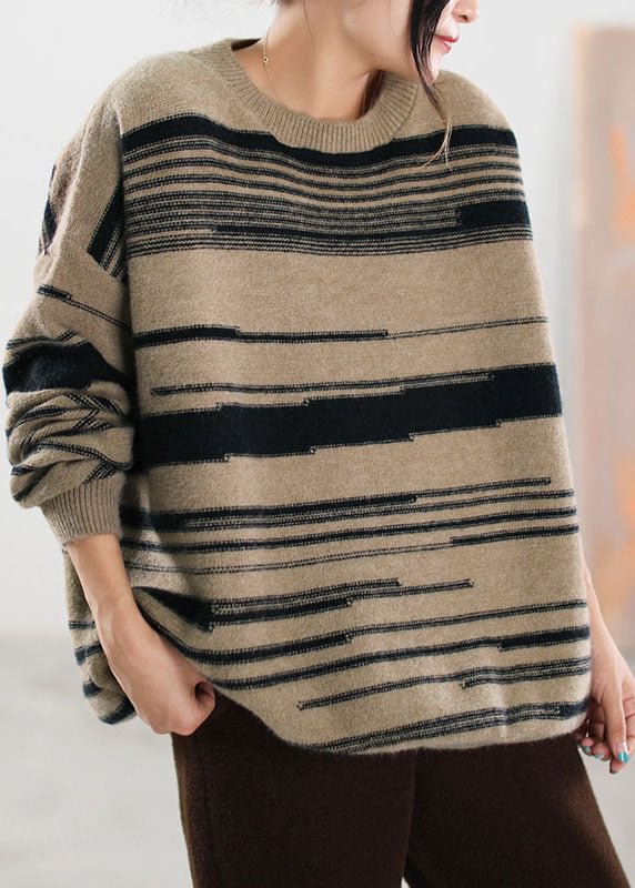 Boutique Khaki Striped Knit Sweater Tops Winter