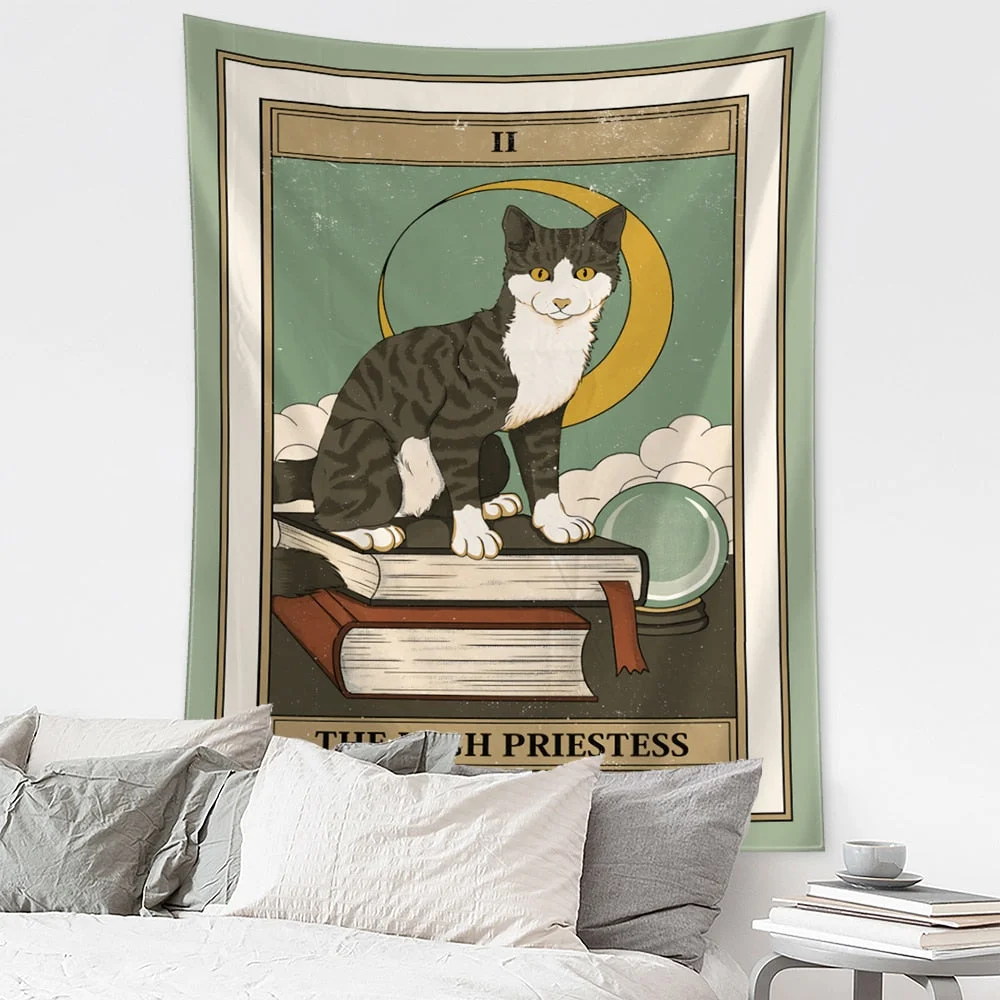 Cartoon Cat Tarot Tapestry Wall Hanging Mysterious Psychedelic Witchcraft Tapiz Hippie Kawaii Home Decor