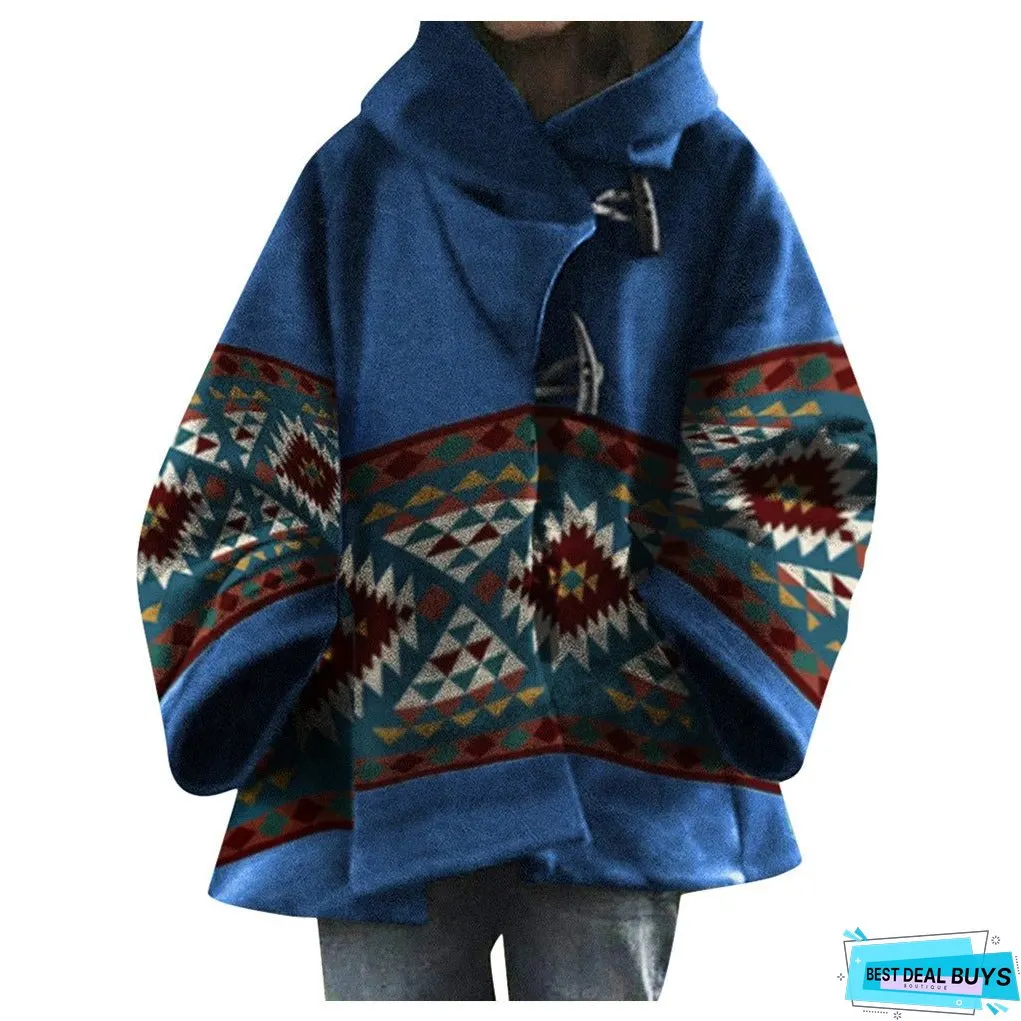 Women's Winter Loose Retro Printed Woolen Colors Coats