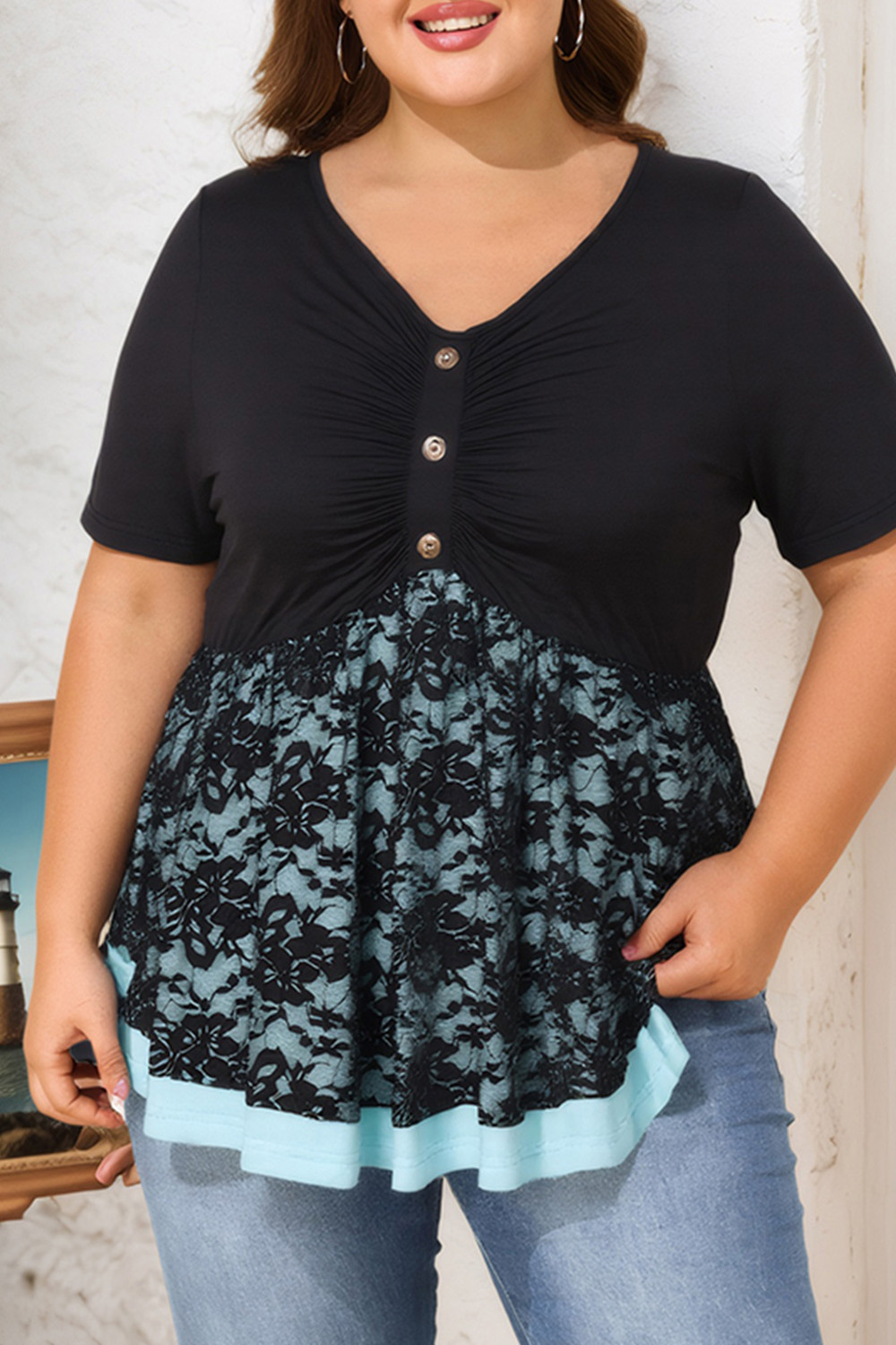 Plus Size Everyday Black Ruched Button Lace Peplum Blouse 2024 - Flycurvy 