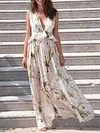 Floral Deep V-Neck Falbala Empire Vacation Sleeveless Maxi Dress