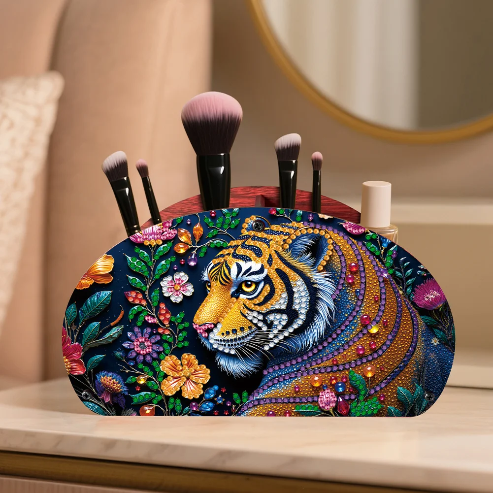 DIY Gem Tiger Design Wooden Diamond Painting Makeup Brush Storage Box Organizer