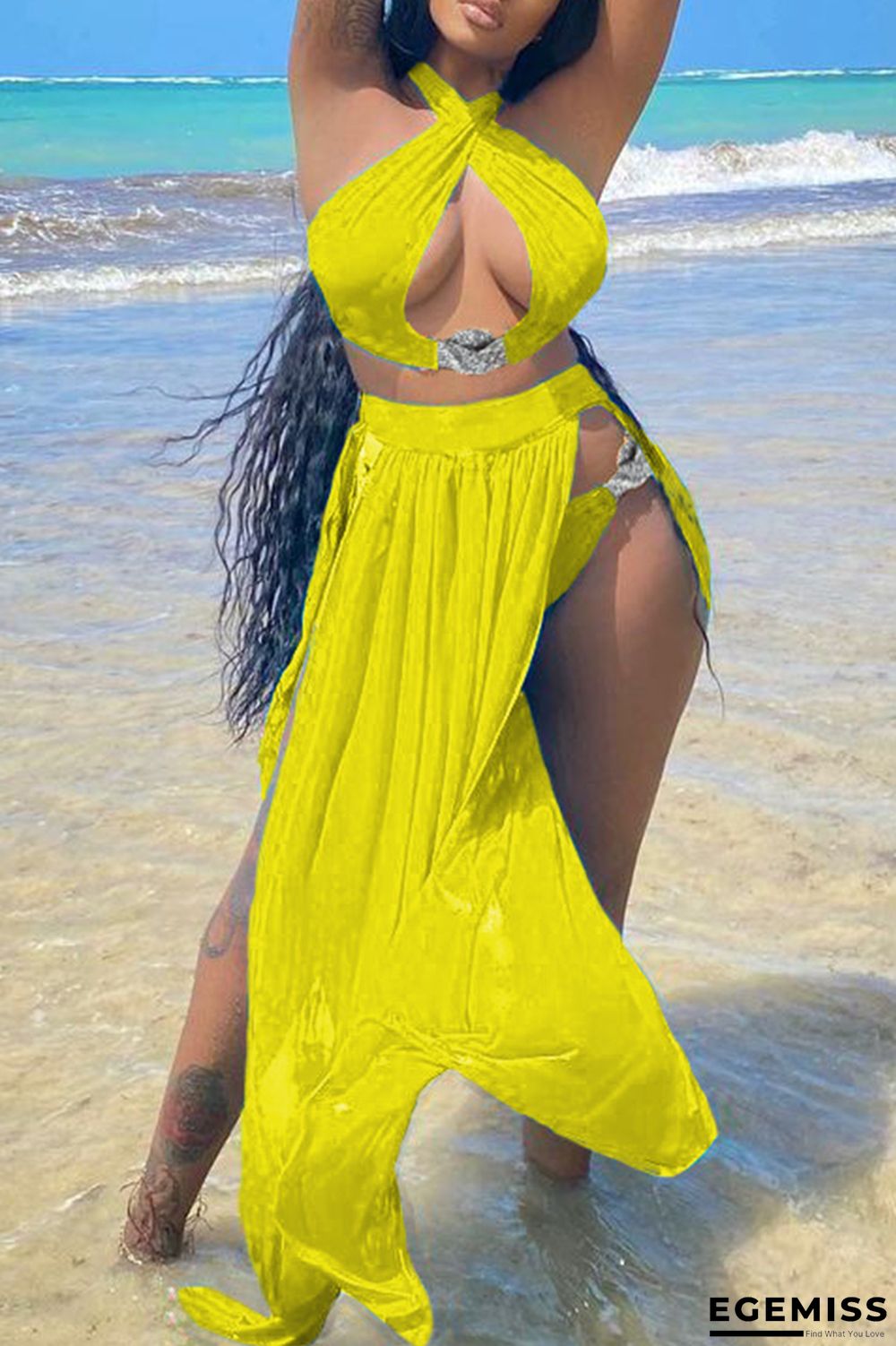 Yellow Sexy Solid Bandage Backless Slit Swimwears Three-piece Set | EGEMISS