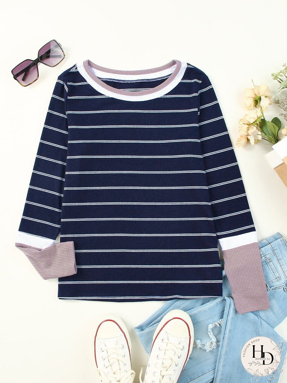Blue Striped Rib Knit Pullover with Color Block Cuffs