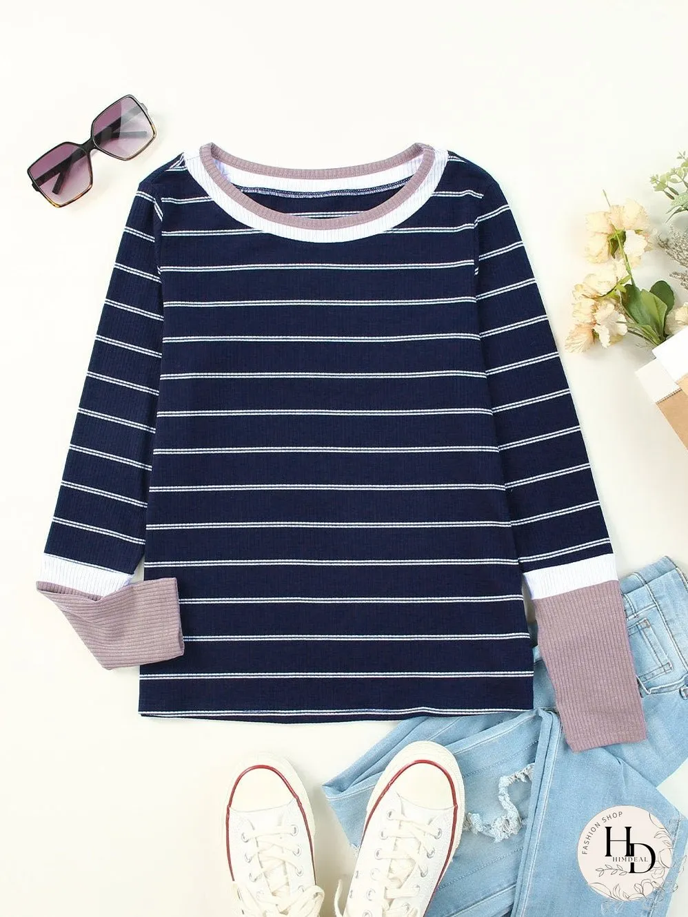 Blue Striped Rib Knit Pullover with Color Block Cuffs