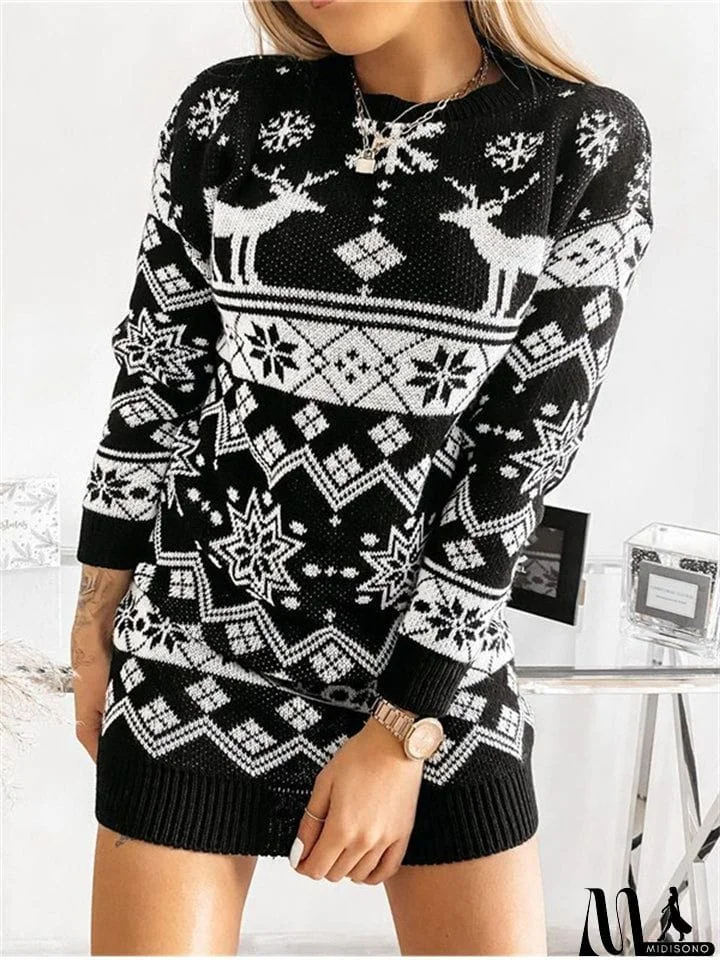 MidiSono - Lovely Deer Snow Print Long Sleeve Women Christmas Party Knit Dress