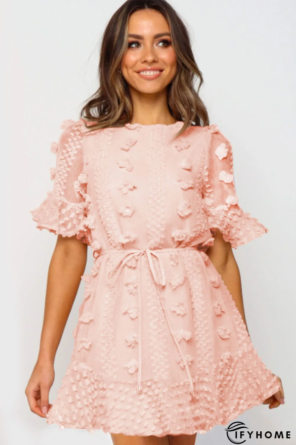 Pink Crew Neck Swiss Dot Mini Dress | IFYHOME