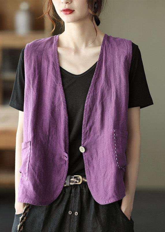 Fine Purple Pockets Button Linen Vest