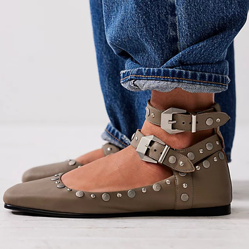 Brown Square Toe Ankle Strap Casual Flats with Buckle Nicepairs
