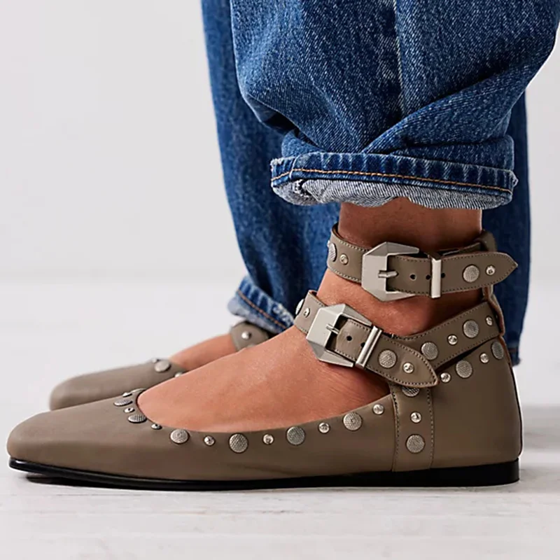 Brown Square Toe Ankle Strap Casual Flats with Buckle Nicepairs