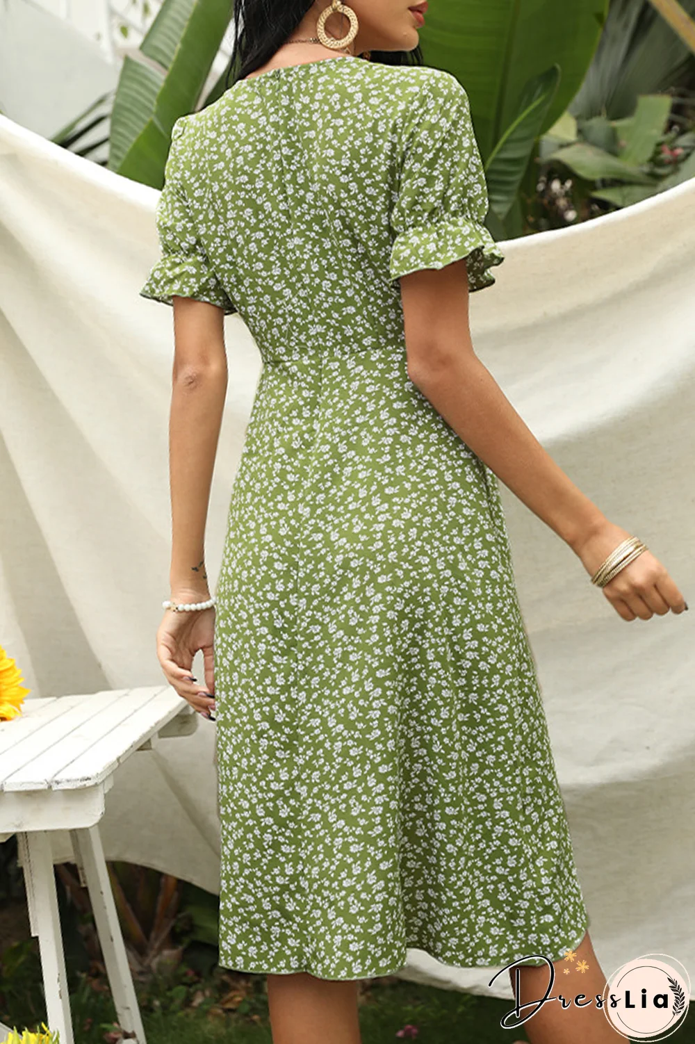 Elegant Print Buckle V Neck Irregular Dress Dresses