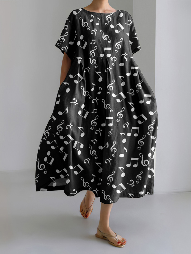 Comstylish Musical Note Print Round Neck Short Sleeve Loose Midi Dress