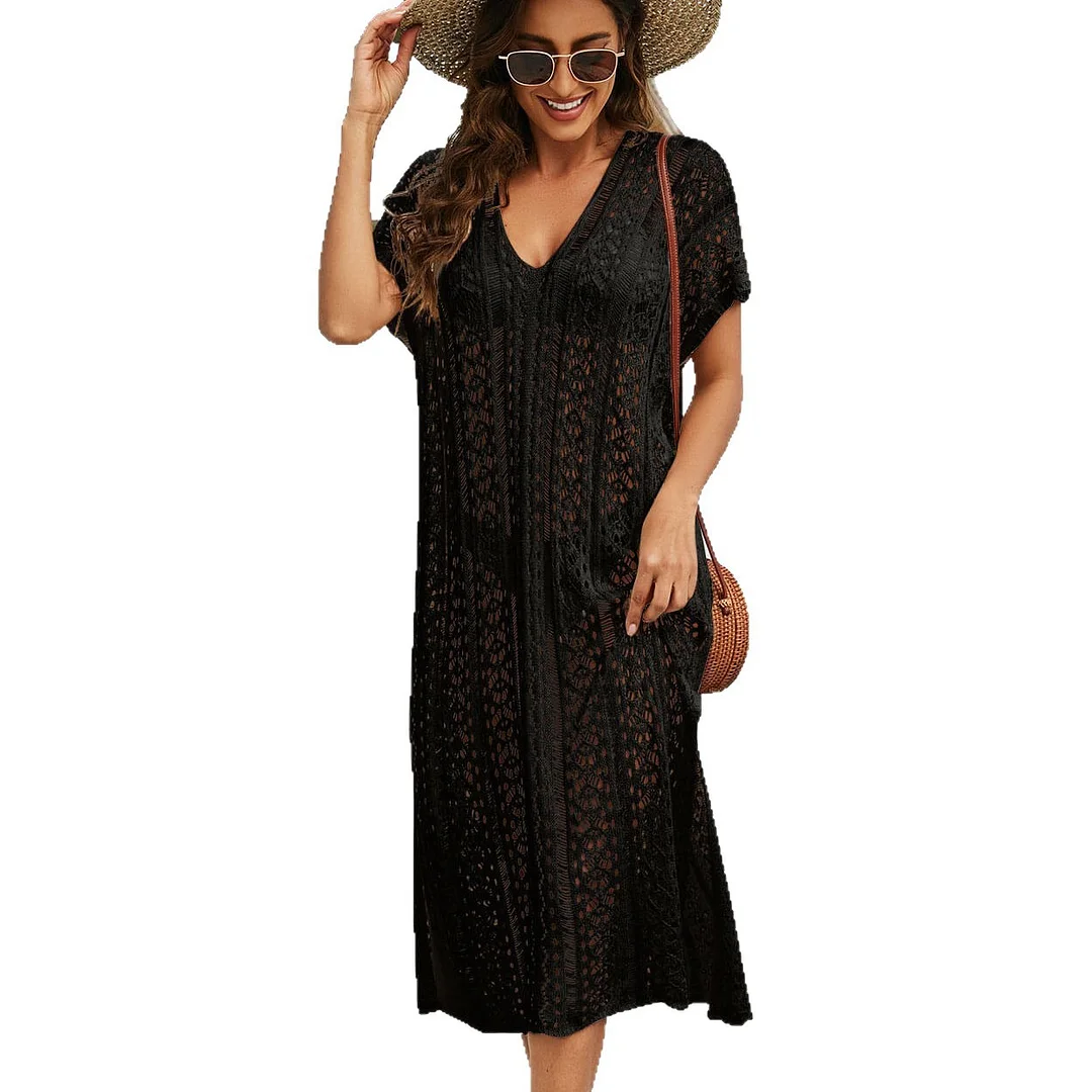 Athvotar Athvotar And Summer New Bikini Skirt Solid Color Open Fork Knitted Long Beach Sunscreen Shirt Woman