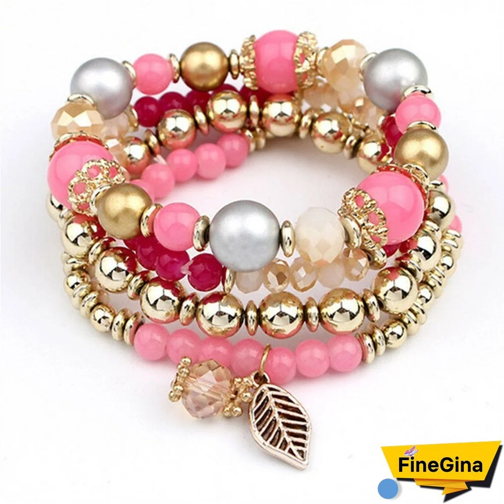 4pcs/set Multilayer Crystal Beads Leave Tassel Bracelets Women Bangles Jewelry