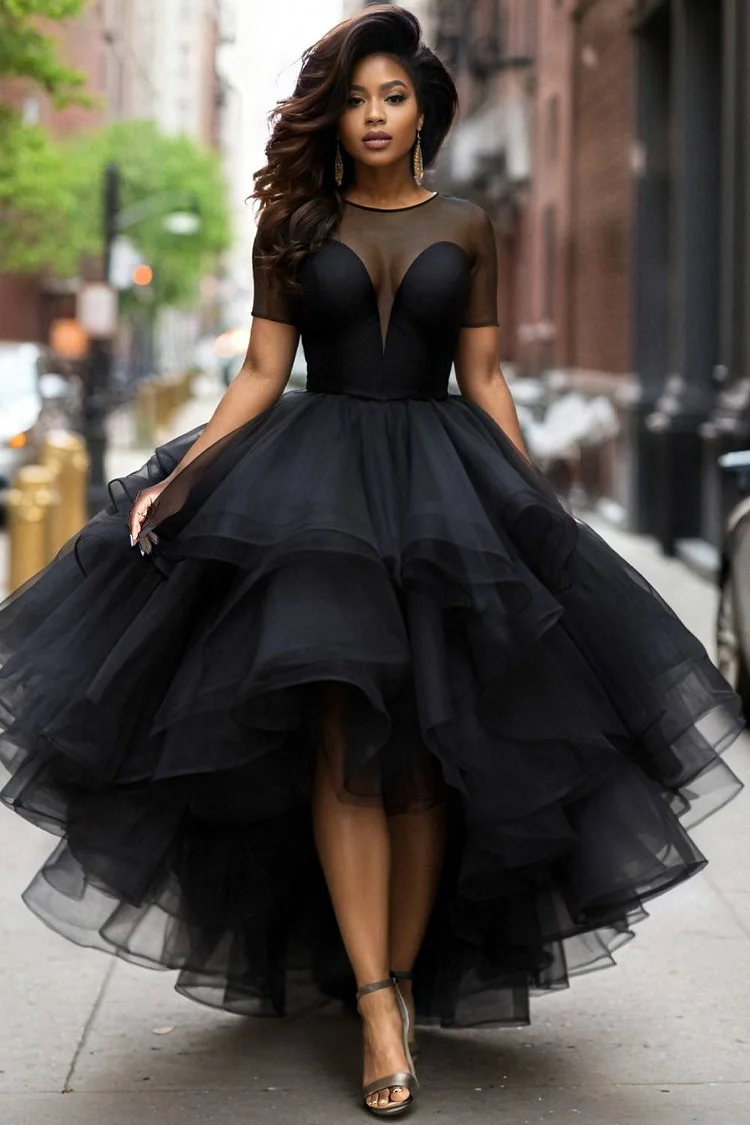 Xpluswear Design Plus Size Cocktail Party Mesh Black Elegant Round Neck Short Sleeve High Low Hem See Through Tulle Maxi Dresses [Pre-Order] 2024 - Xpluswear
