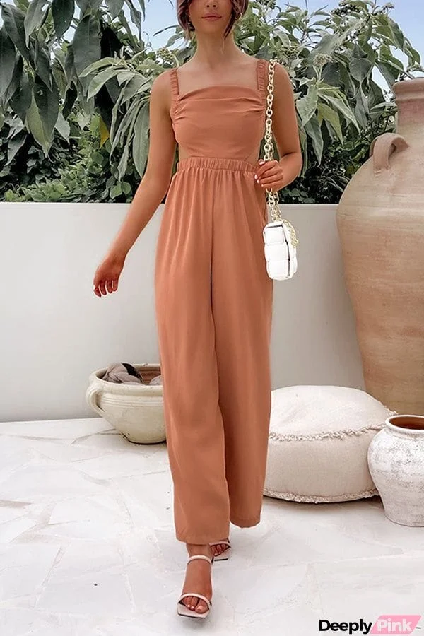 Solid Color Casual Design Open-Back Drop-Off Jumpsuit