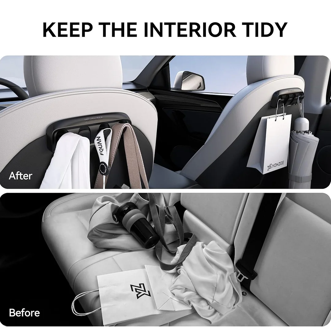 YONZEE Tesla Foldable Car Seat Hooks, 4 in 1 Hidden Car Seat Back Organizer