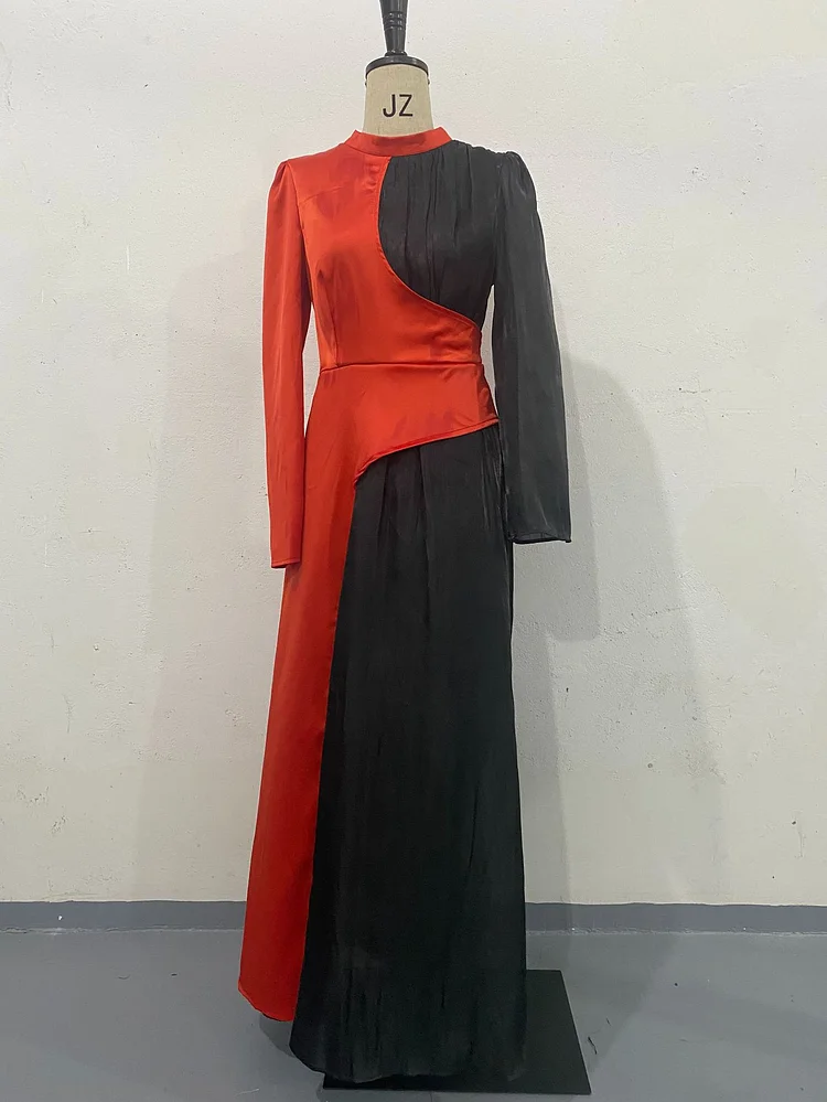 Round Neck Multicolor Long Sleeve Slim Fit Belt Retro Dress