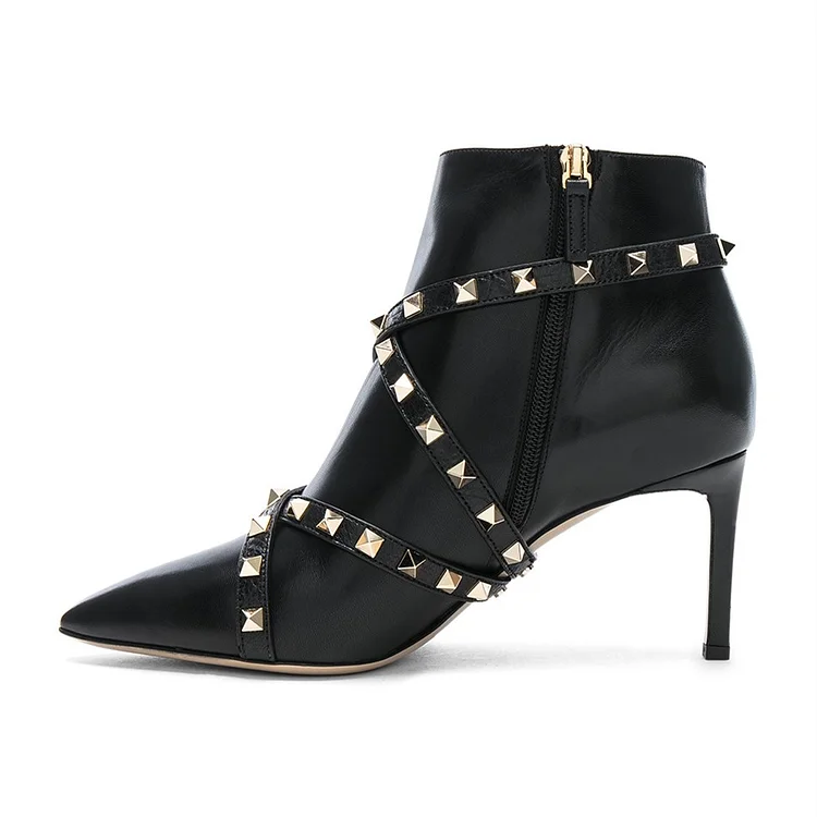 Black Strappy Rivets Stiletto  boots |FSJ Shoes