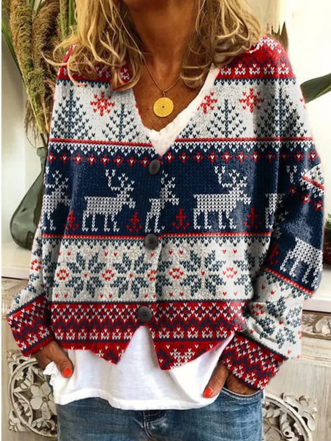 Women's Christmas Printed Loose Flannel Cardigan