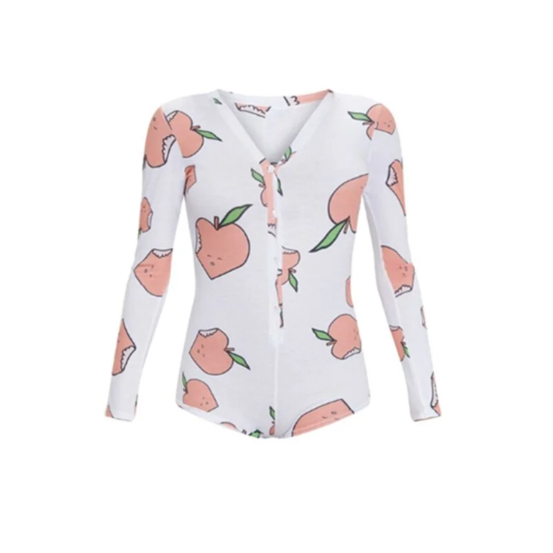 New Fashion Women  Button Slim Fit V Neck Leotard Ladies Casual Long Sleeve Skinny Chili Peach Print Bodysuit Hot