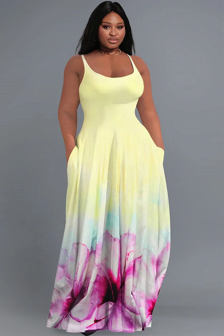 Xpluswear Design Plus Size Vacation Multicolor Sundress Graphic Round Neck Pocket Maxi Dresses 2024 - Xpluswear