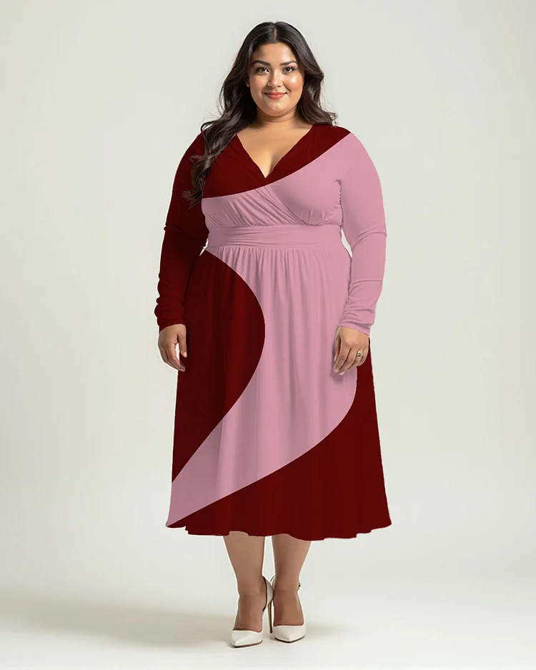 Plus Size Colorblock Print Elegant Wrap Midi Dress