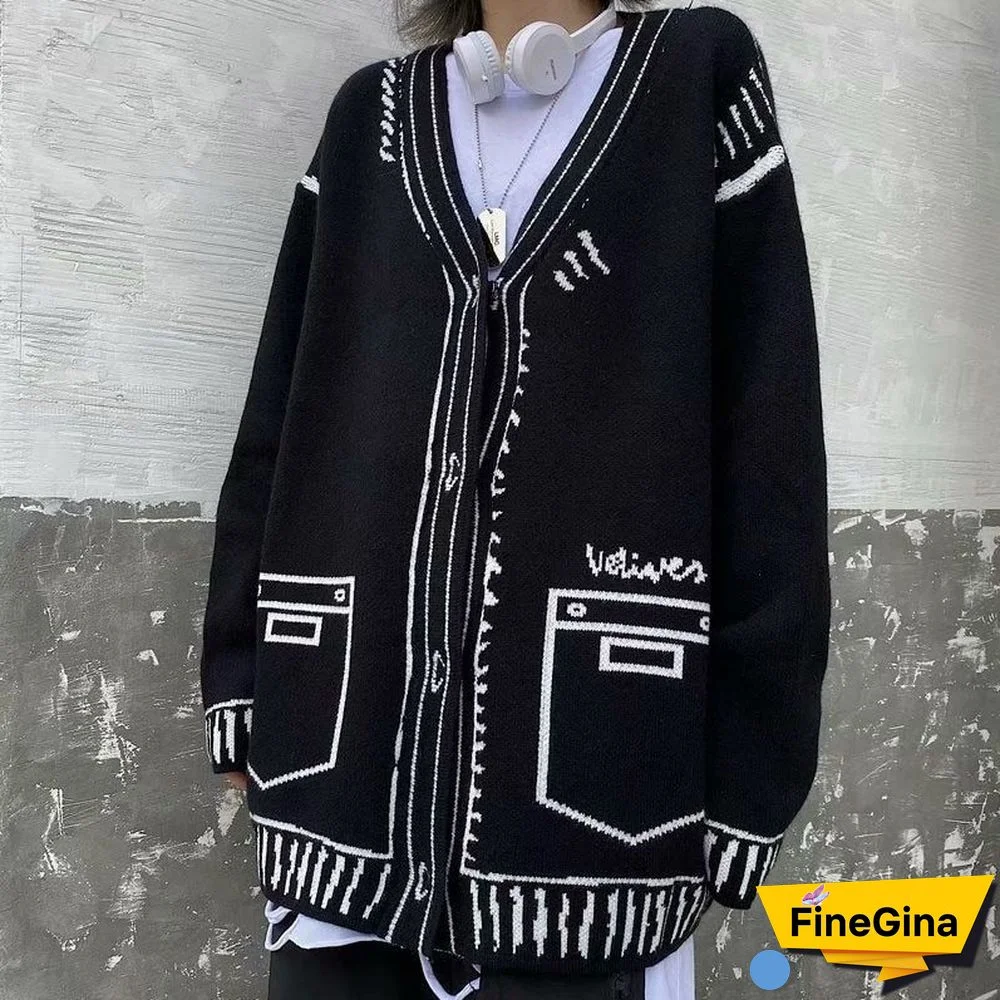 Techwear Gothic Streetwear Printed Balck Oversize Sweater Cardigan Women Harajuku Punk Jumper Female Mall Goth Tops