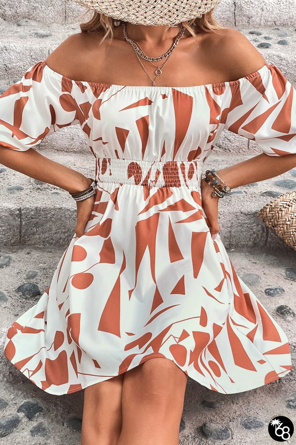 Orange Casual Backless Off the Shoulder Short Sleeve Dress Dresses | 168DEAL