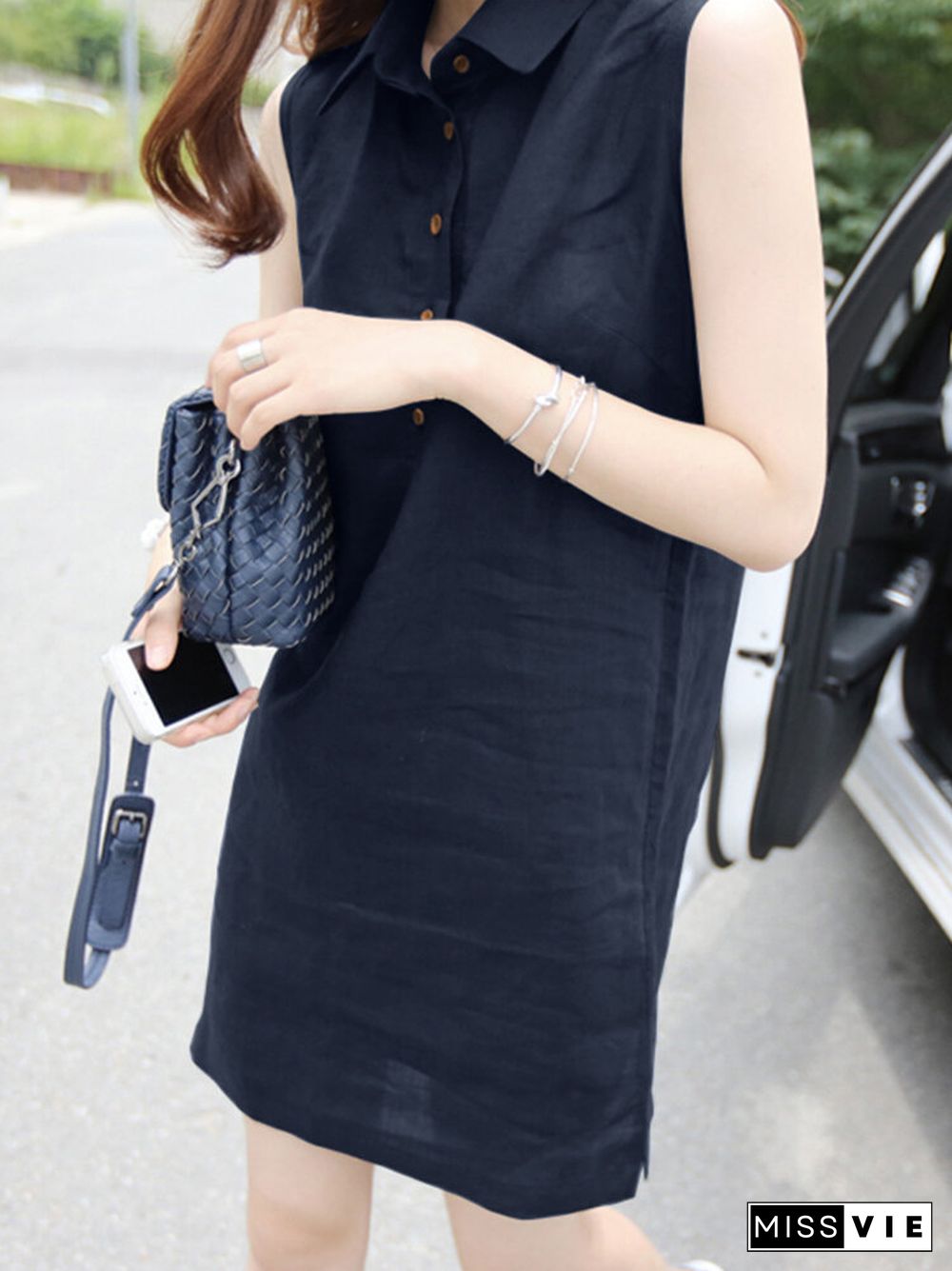 Solid Sleeveless Button Front Lapel Dress For Women