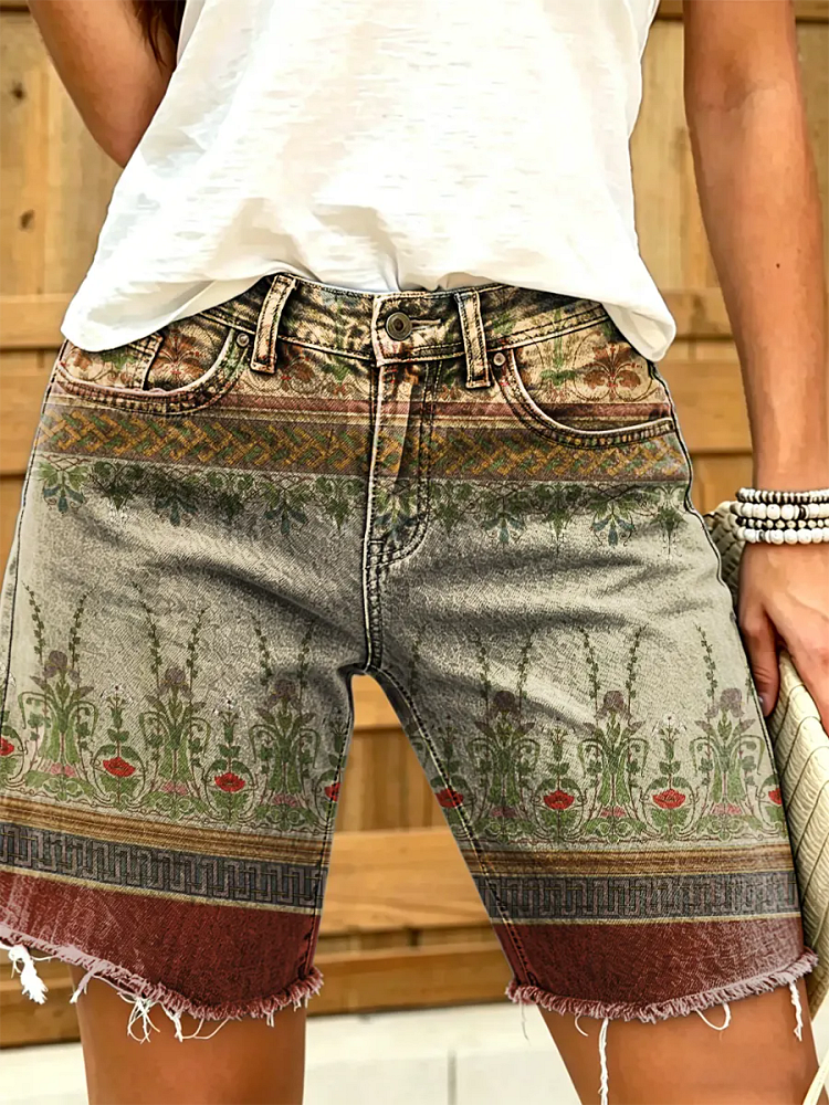Women's Vintage Floral Print Denim Shorts