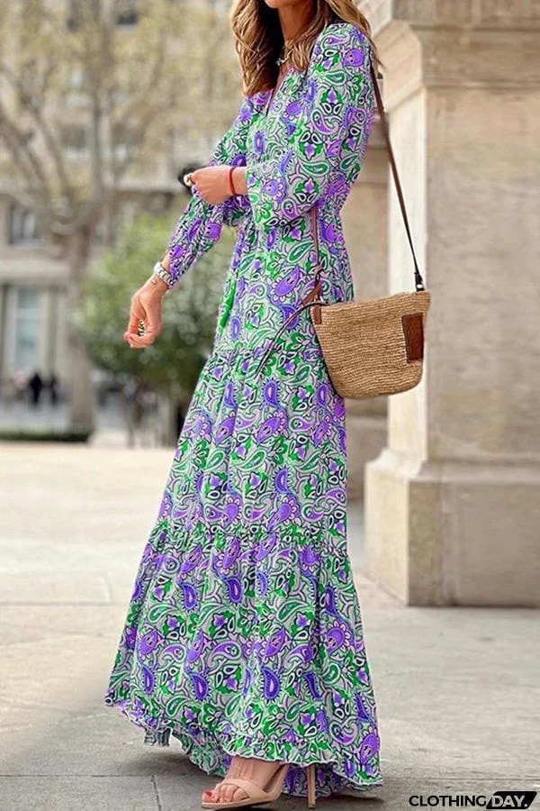 Boho Paisley V Neck Long Sleeve Maxi Dress