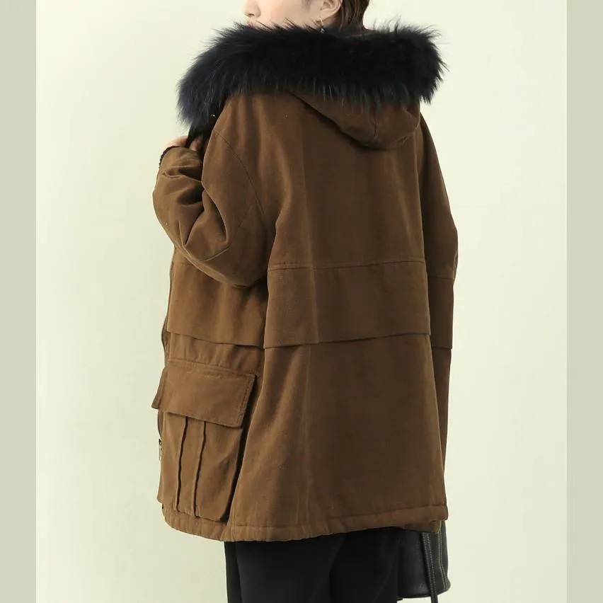 Elegant chocolate winter coats plus size clothing hooded faux fur collar outwear