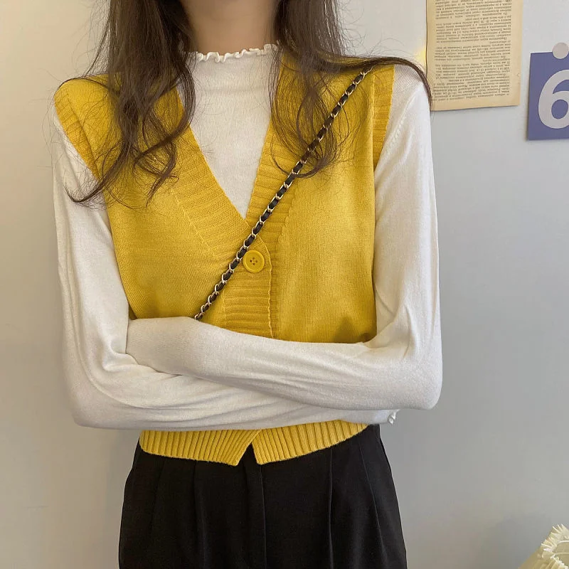 Sweater Vest Women Solid Crop Tops Fall Daily Streetwear Office Lady Elegant Korean Fashion Ins Chic Knitted Sweaters Vintage