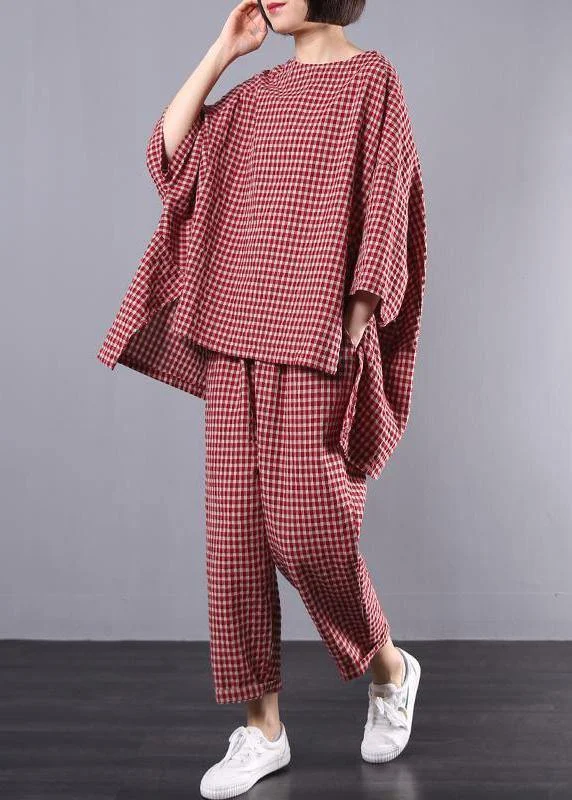 Casual Plus Size Cotton Linen red Plaid Vintage Blouse And Pants Two Pieces Set(Limited Stock)