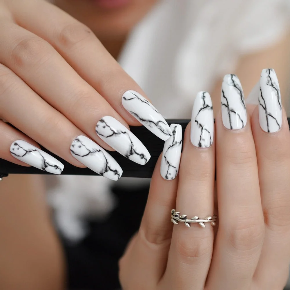 White Black Gradient Marble Press on False Nails Extra Long Ballerina Coffin UV Gel Glue On Fake Fingersnails Extention Tool