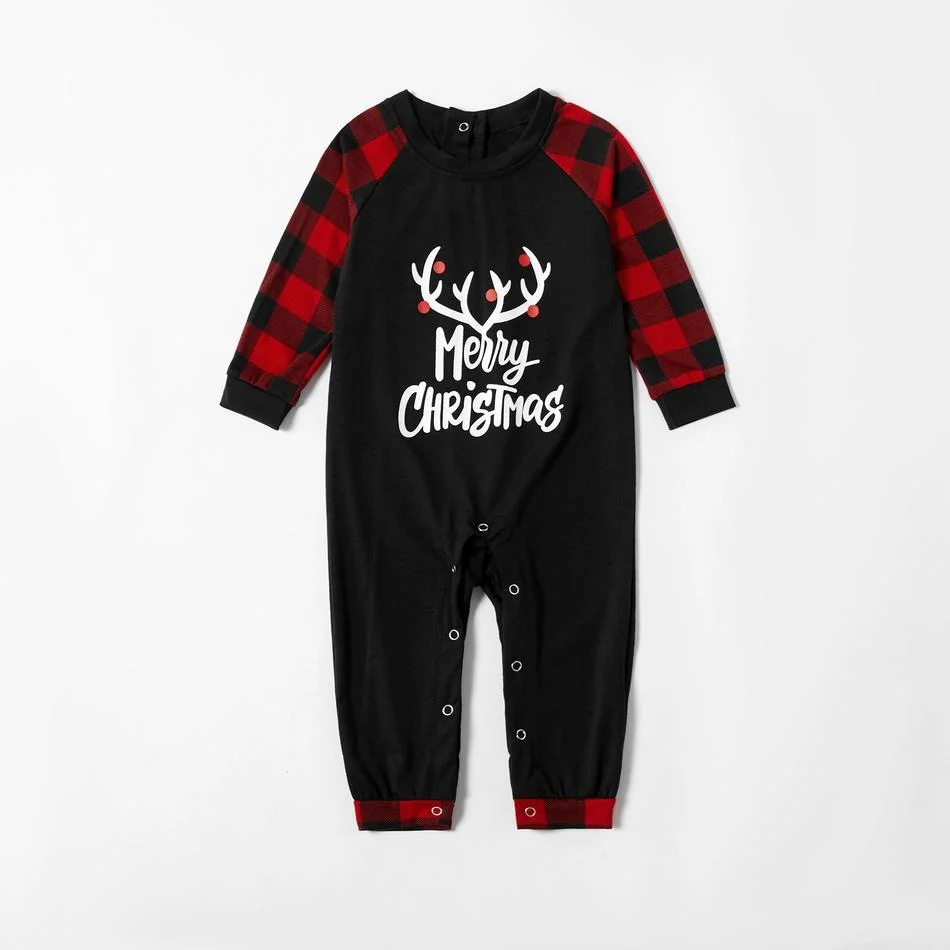 Merry Christmas Antler Contrast top and Plaid Pants Family Matching Pajamas Set(with Pet Dog Clothes)