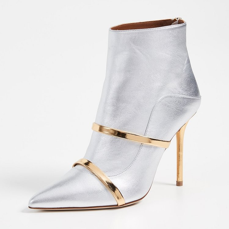 Silver Pointy Toe Stiletto Boots Fashion Ankle Booties with Gold Strap |FSJ Shoes
